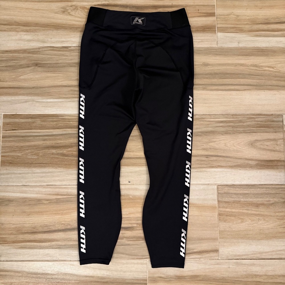 Kith Sport Womens Black Logo Tape Leggings High Waisted Athletic Pants Size L